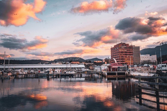 Hobart waterfront at sunset, Tasmania